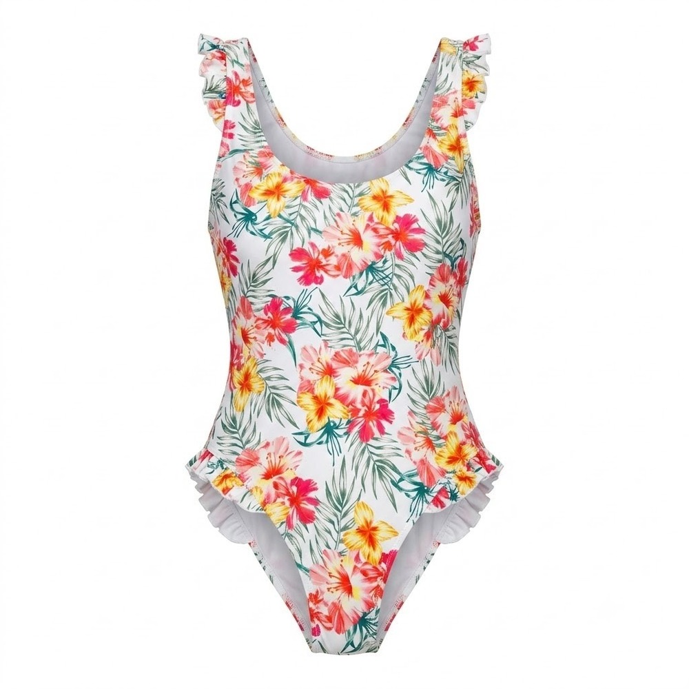 Coco Rave Womens Floral Ruffle One Piece Swimsuit White Tropical Large - IW